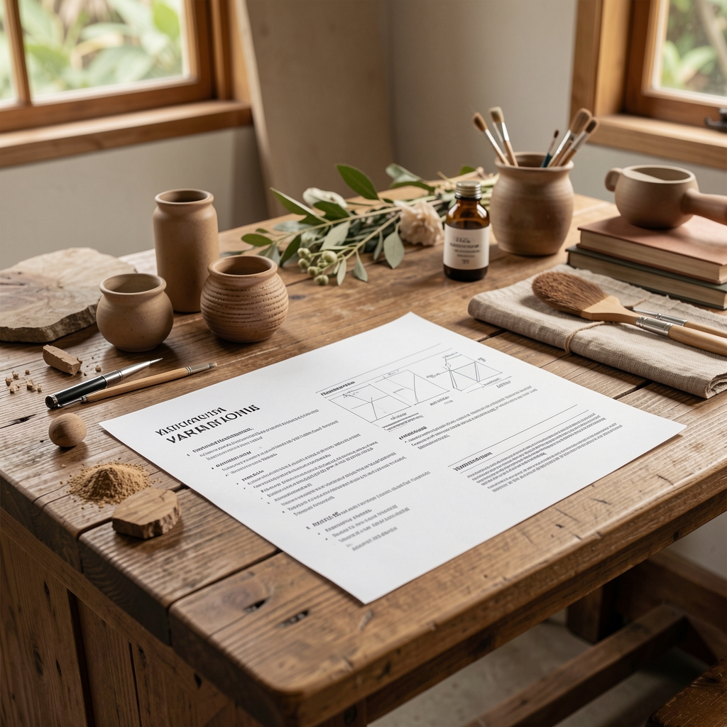 Abrona studio workspace interior in Jakarta showing wooden workbenches, natural light from high windows, glass vessels of raw botanical ingredients, and neatly organised batch documentation folders