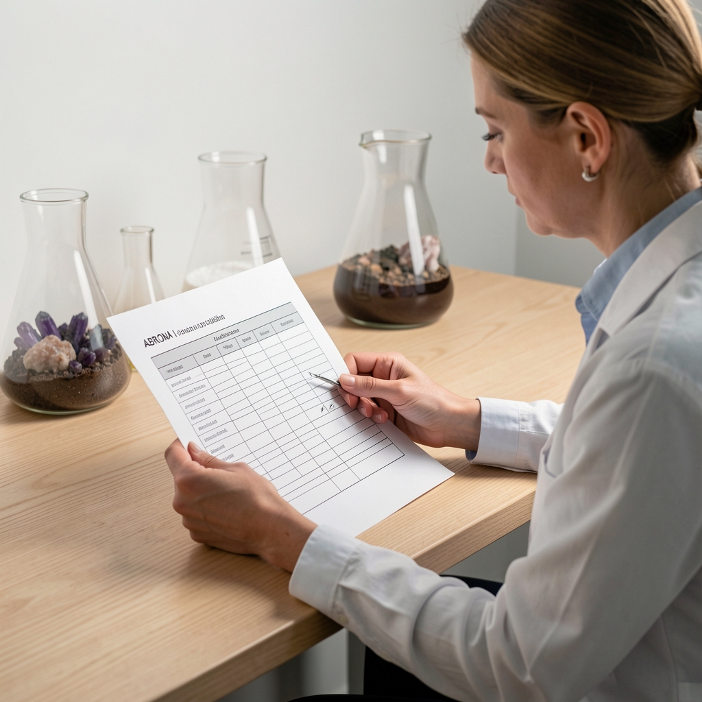 Abrona formulation specialist reviewing a printed batch record sheet at a clean wooden workbench under studio lighting with glass vessels of mineral compounds in the background