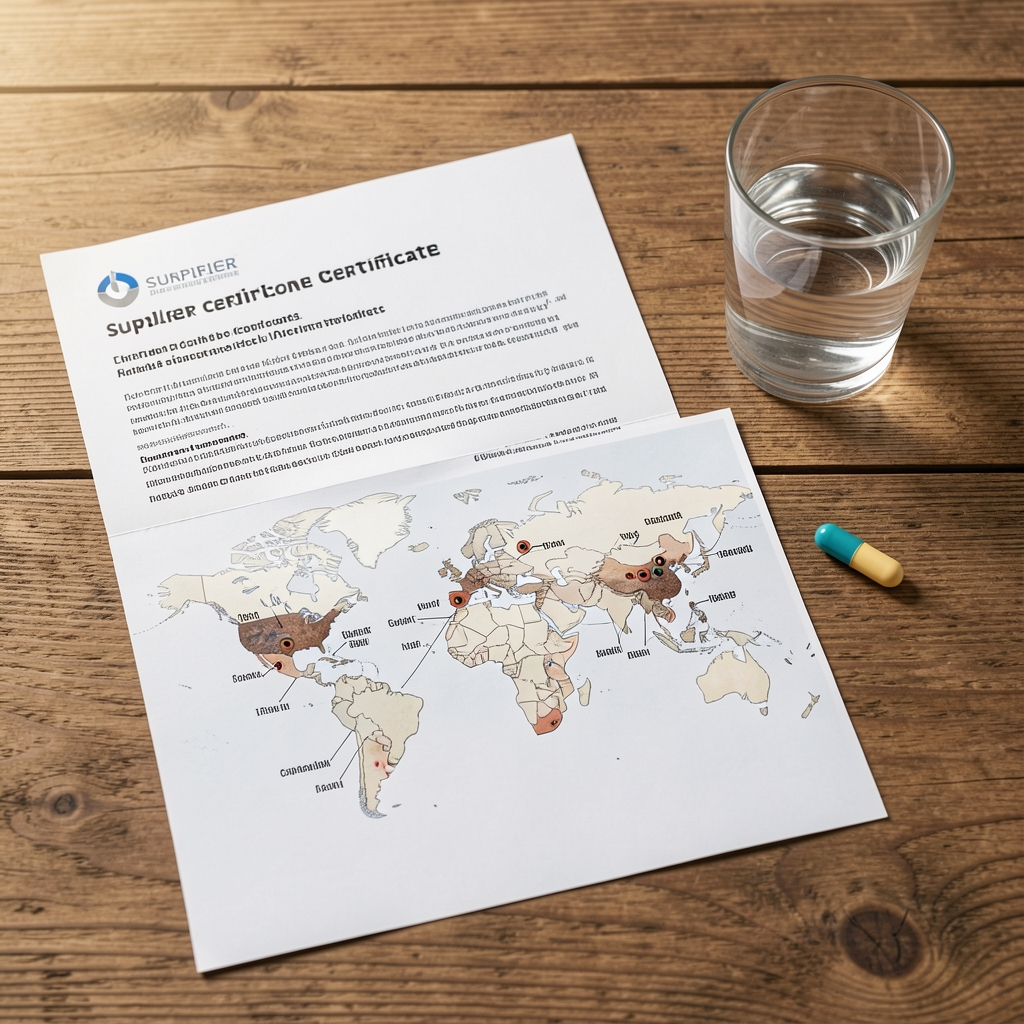 Sourcing documentation laid flat on a natural wooden table showing printed supplier certificates, a world map with regional annotation marks, and a glass of water beside a supplement capsule