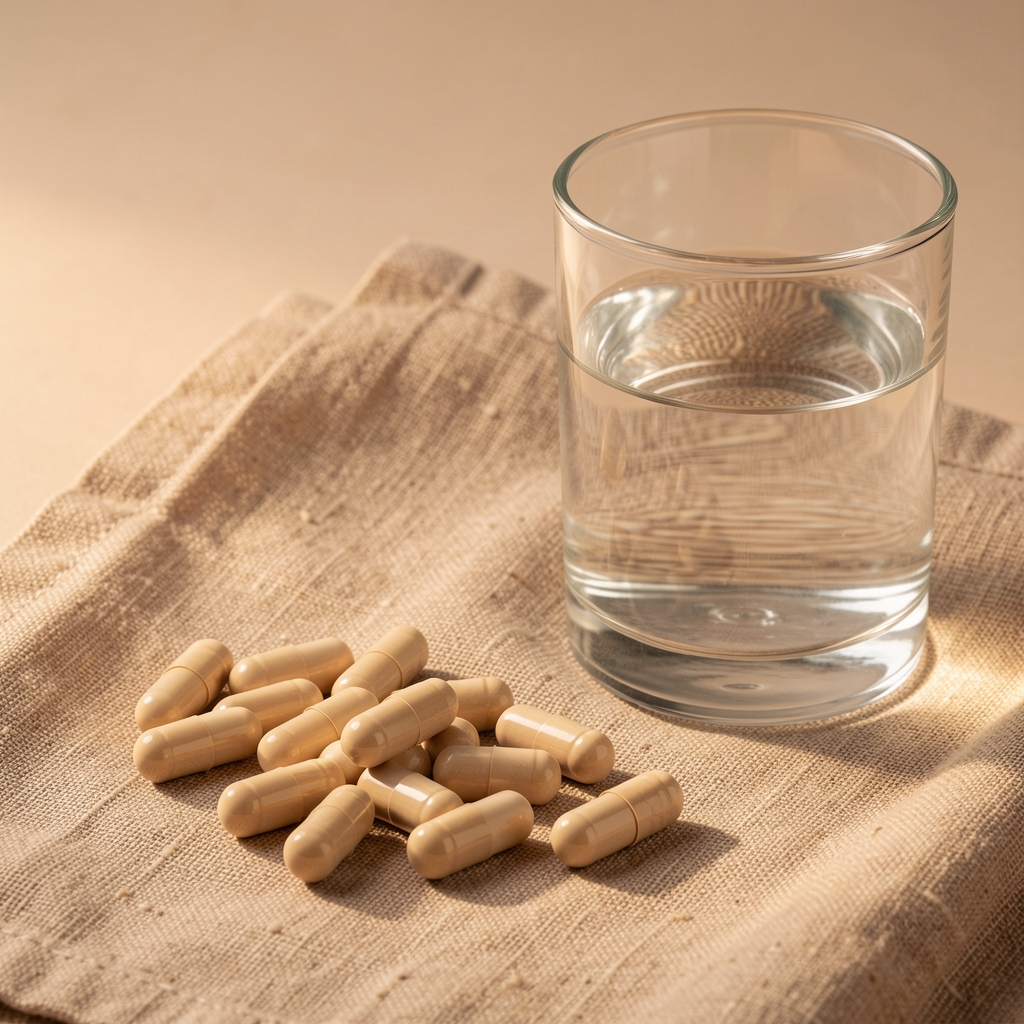 Overhead flatlay of Abrona daily supplement capsules arranged on natural linen with botanical sprigs of dried herbs and mineral stones in warm studio lighting