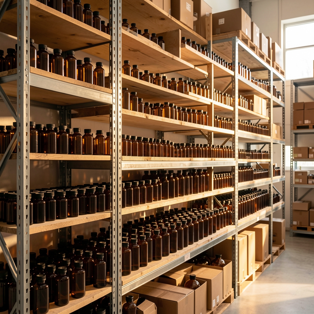 Rows of amber glass supplement bottles on industrial wooden shelving in a clean warehouse space with warm directional studio lighting