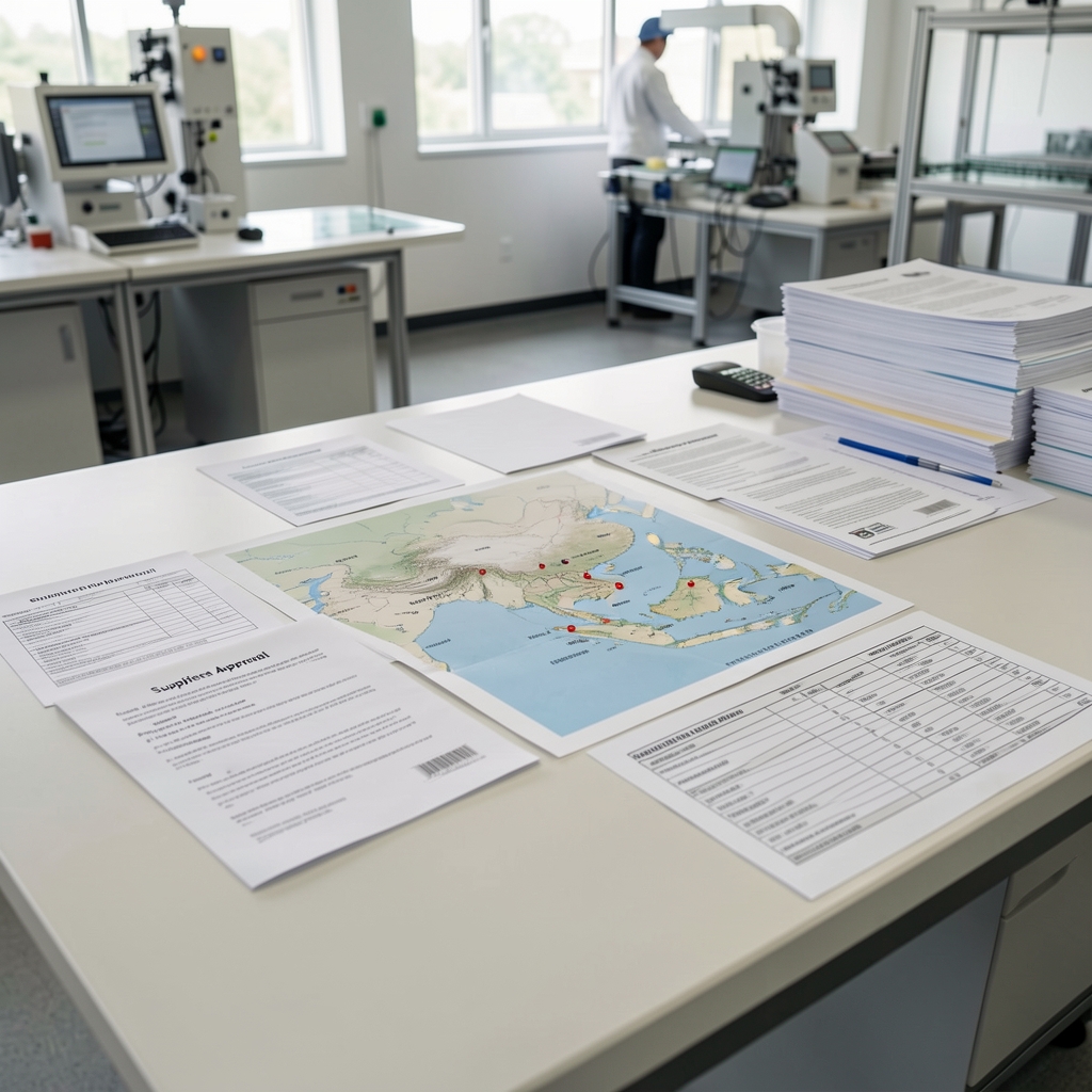 Sourcing documentation spread on a large table showing printed supplier approval forms, a regional map of Indonesia with highlighted supplier locations, and stacked ingredient specification sheets in a quality-control environment