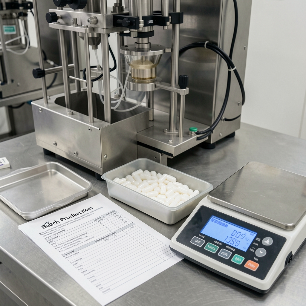 Production bench view of capsule filling equipment with white gelatin capsules visible in a tray alongside a printed batch production log sheet and a digital scale showing ingredient weight measurements