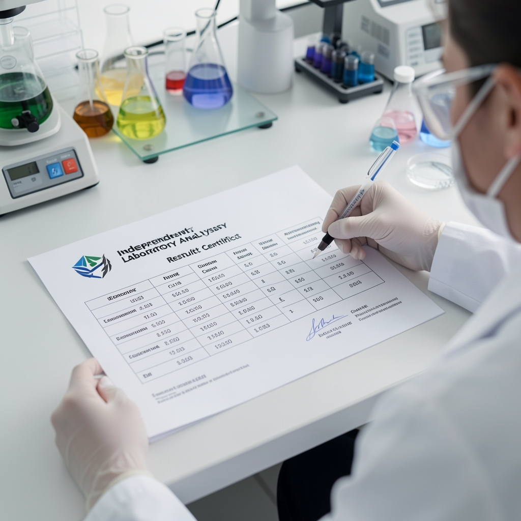 Independent laboratory analysis result certificate on a clean desk with printed columns of elemental concentration values, a laboratory analyst's signature block visible at the bottom, and sealed sample containers in the background