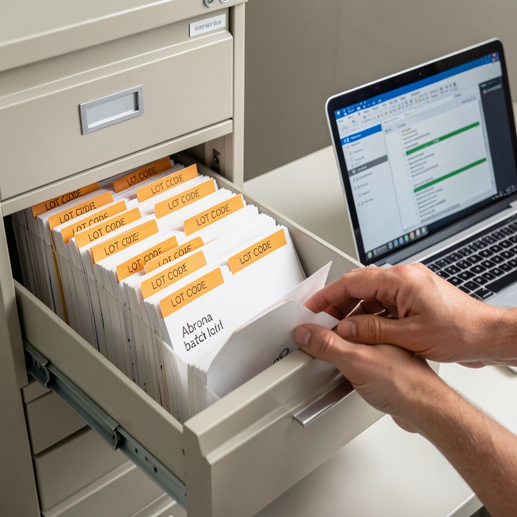 Abrona batch archive filing cabinet drawers open showing neatly labelled folders with lot code tabs in amber font on white card, a hand reaching to pull one folder, and a digital archive system visible on a laptop screen beside it