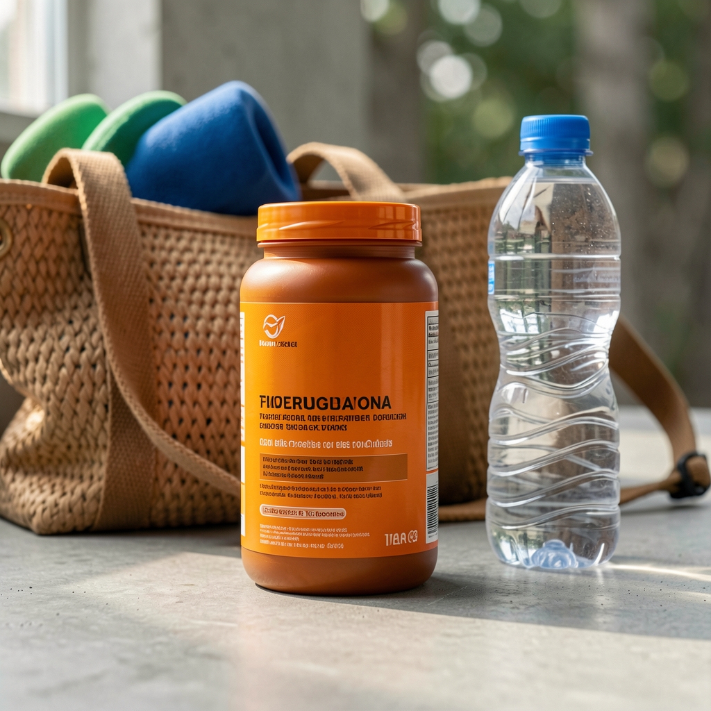 Abrona Endurance complex orange-labelled supplement container on a concrete surface beside a water bottle and woven bag with training gear in the background, natural light