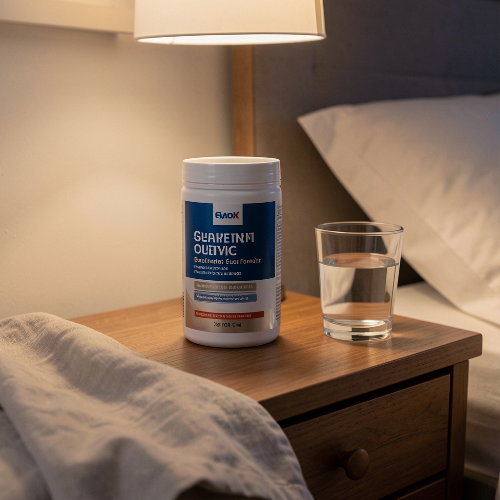 Abrona Recovery complex supplement container on a wooden bedside table beside a glass of water at night with soft ambient light and a folded linen cloth in the foreground