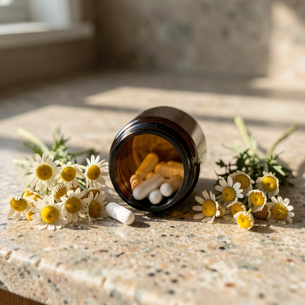Abrona Magnesium Matrix supplement bottle open on a stone countertop with several white capsules visible and dried chamomile flowers arranged beside it in natural morning light