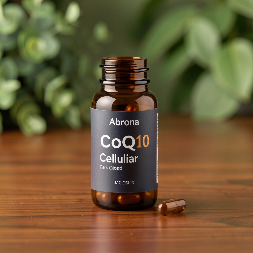Abrona CoQ10 Cellular dark amber glass supplement bottle on a polished wooden surface with a single capsule beside it and blurred green botanical elements in the soft background